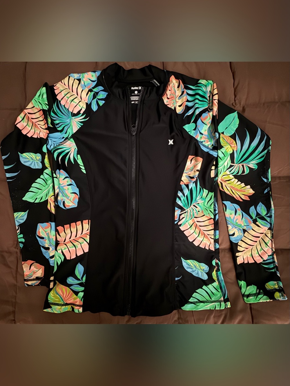 Hurley Junior’s Full-Zip Long Sleeve Rash Guard Floral Jacket Medium